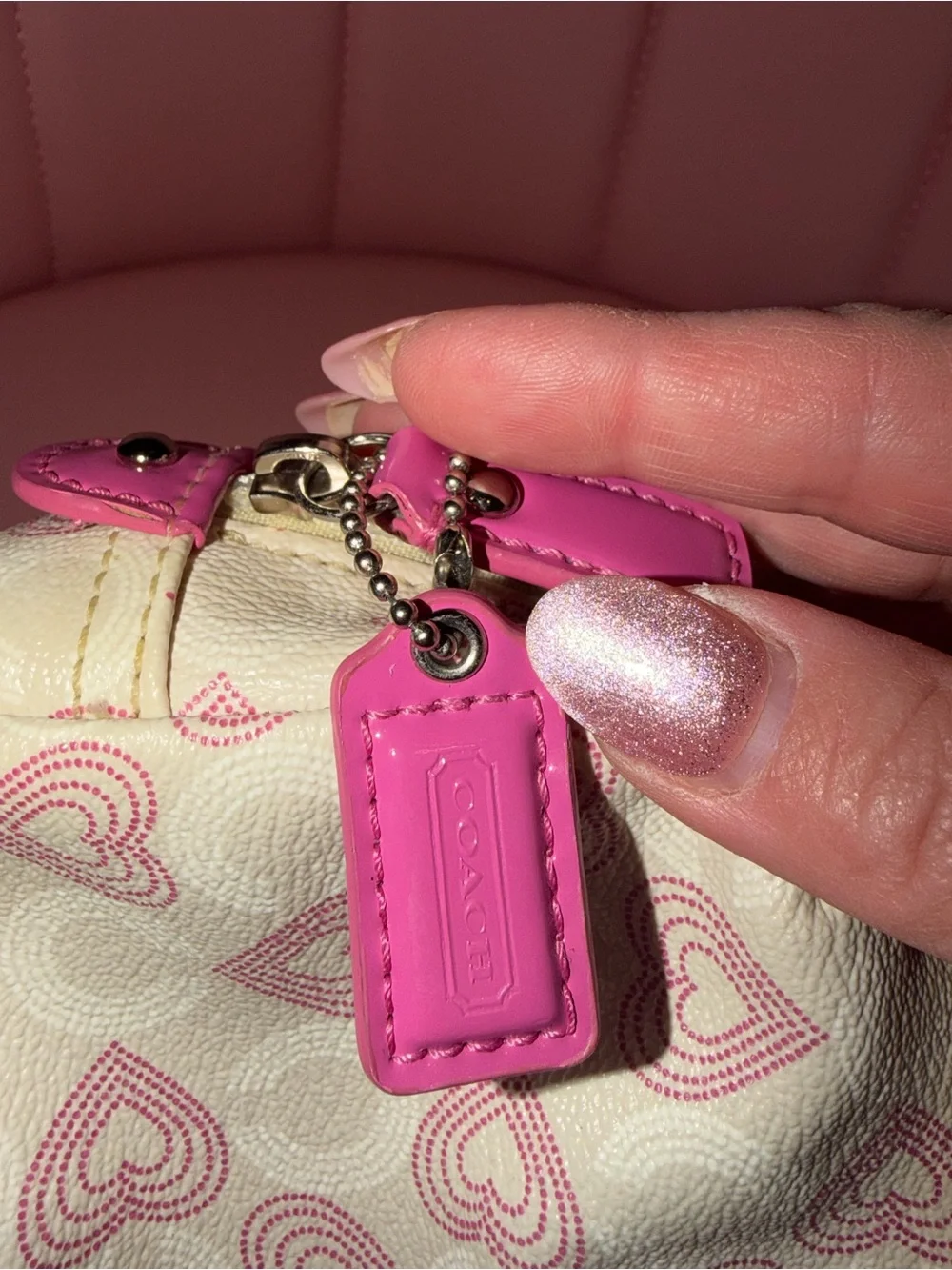 Coach White and Pink Waverly Hearts Small Cosmetic Pouch